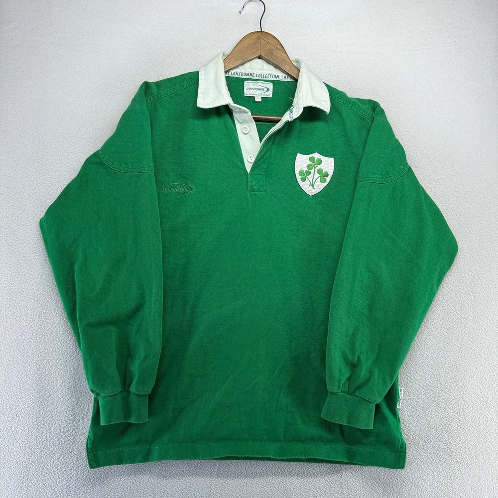 Vintage Ireland Rugby Shirt men's Large Green Lansdowne Embroidered Crest Shield